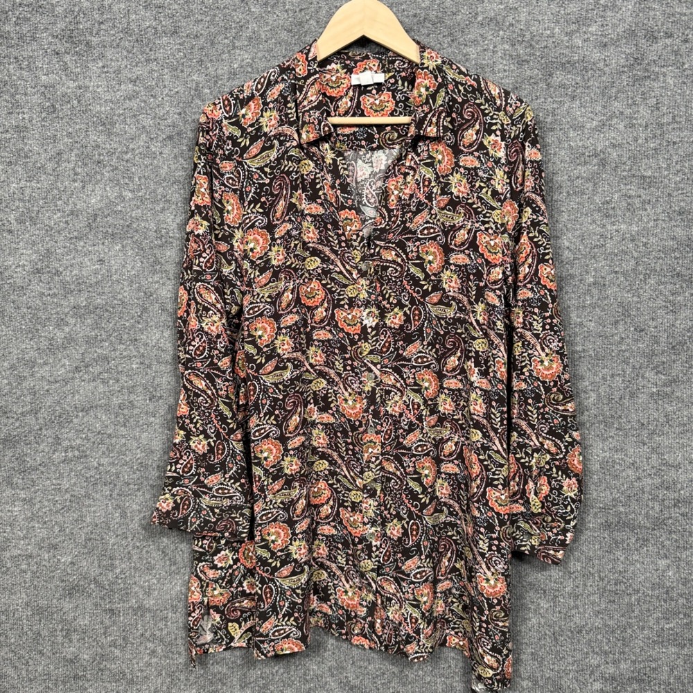 J.Jill Womens Large Tunic Shirt Brown Rayon Floral Paisley Pockets Long‎ Sleeves